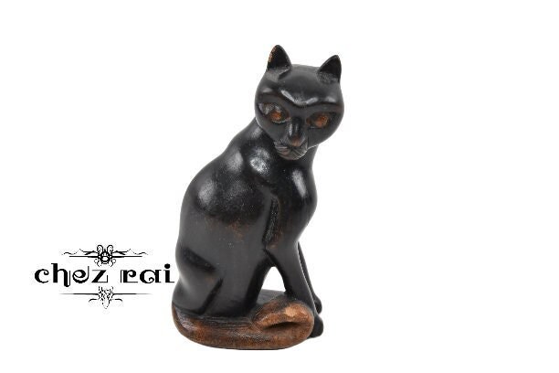 Vintage Petit Bois Franc Noir Cat Statue Affichage Chat Figurine Étagère Chambre Décor Lucky Lover I
