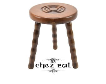 Vintage French 13" Small Wooden Round Bobbin Three Legged Bulls Eye Stool Plant Stand Wood Tabouret Room Display / ChezRai