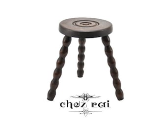 Vintage French 13" Small Wooden Round Bobbin Tripod Stool Plant Stand Farmhouse Room Display Farmhouse Cottage Barn Wood Tabouret / Chez Rai