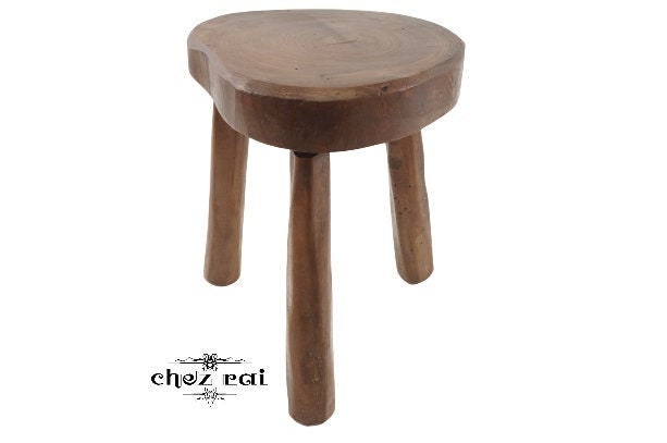 Vintage Français Fait à La Main Heavy Heart Shaped Sturdy Natural Wood Solid 3 Legged Tabouret Seat 