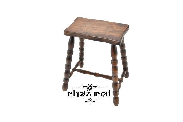 ヴィンテージ 16インチ フランス製 木製 長方形 回転脚 スツール 頑丈