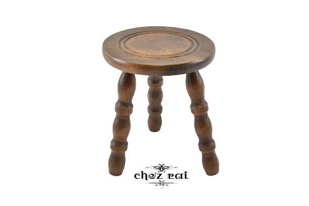 Vintage Français Bois Rond Trois Pattes Tabouret Plante Stand Ferme Cottage Chambre Décor Vintage/Ch