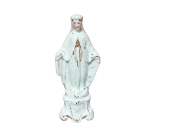 Vintage Français White Porcelain Madonna Statue With Gold Gilt Figurine Religious Our Lady Shelf Dis