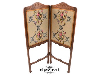 Vintage Wooden Framed Paravent Pour Enfants Folding Two Section Panel Needlework Embroided Childrens Screen Room Divider c 1900's / Chez Rai