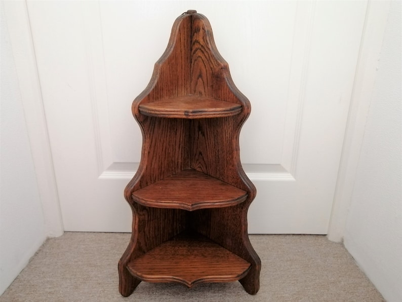 Vintage French Oak Hardwood Heavy Triple Corner Shelf Wall Display Unit Wall Fixing Hanging Ornament Farmhouse Display Rack / Chez Rai image 8