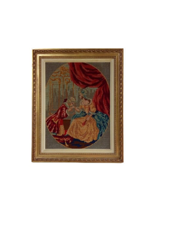 Vintage Français Canvas Tapestry Needlepoint Handmade Wooden Frame Wall Decor Hanging Decorative Far