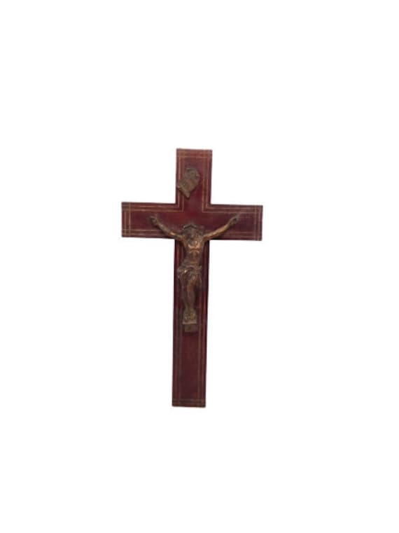 Vintage Français Crucifix Jesus Cross Statue Inri Religion Religieuse Mur en Bois Hanging Metal & Wo