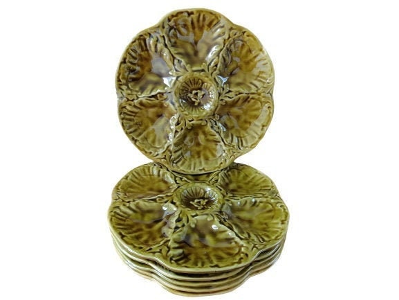 Vintage Français Gien Glazed Green Barbotine Set Of 7 Faience Oyster Serving Plates Shellfish Highgl