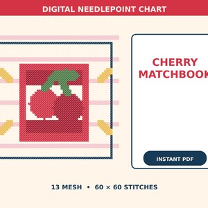 Może przedstawiać: Cyfrowy wzór do haftu kanwowego zatytułowany Cherry Matchbook, przedstawiający pikselową grafikę czerwonych wiśni z zielonymi liśćmi na paskowanym tle. Dokument zawiera tekst Digital Needlepoint Chart, Cherry Matchbook, Instant PDF, 13 mesh oraz 60 na 60 ściegów.