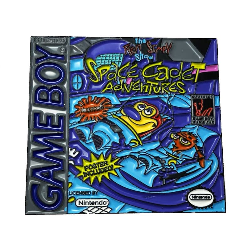May include: A blue and purple Game Boy cartridge with a picture of Ren and Stimpy from the Ren & Stimpy Show. The title of the game is "Space Cadet Adventures".