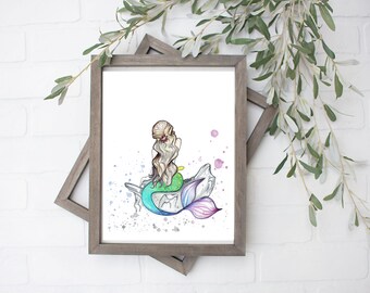 Watercolor Mermaid Art Print- Digital File - 8x10