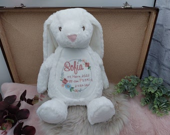 Kuscheltier mit Name, Stofftier Hase, weiß, personalisiert, Taufe, Blumen, Kranz, Mädchen, Geschenk, Babygeschenk, bestickt