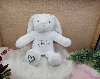 Kuscheltier mit Name, Stofftier personalisiert, Hase, weiß, Geschwisterkind, Geschenk zur Taufe, Geschenk zur Geburt, Weihnachtsgeschenk