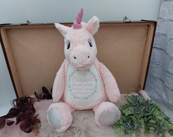 Kuscheltier mit Name Stofftier Einhorn Rosa weiß personalisiert Taufe, Geburt, Geburtstag, Kindergarten, bestickt