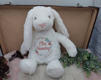 Kuscheltier mit Name, Stofftier personalisiert, Hase, weiß, Taufe, Blumen, Kranz, Mädchen, Geschenk, Babygeschenk, bestickt