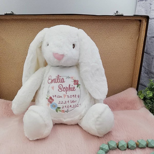 Kuscheltier mit Name und Geburtsdaten, Stofftier personalisiert, Hase weiß, Geschenk zur Taufe, Geschenk zur Geburt, Babygeschenk, bestickt