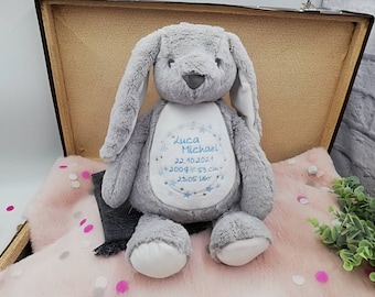 Kuscheltier mit Name, Stofftier Hase, personalisiert mit Geburtsdaten, bestickt, Taufgeschenk, Geschenk zur Geburt, Weihnachten