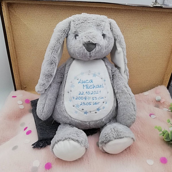 Kuscheltier mit Name, Stofftier Hase, personalisiert mit Geburtsdaten, bestickt, Taufgeschenk, Geschenk zur Geburt, Weihnachten