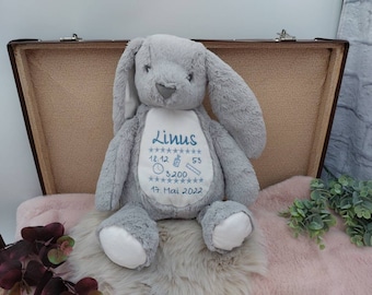 Kuscheltier mit Name, Stofftier Hase, personalisiert, bestickt, Blumen, Kranz, Mädchen, Junge, Taufe, Baby Geschenk, Konfirmation