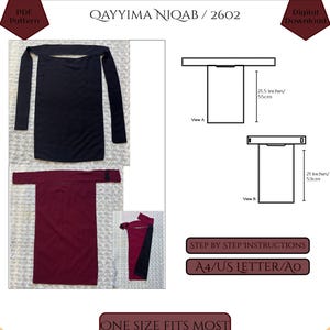 May include: A digital sewing pattern for a Qayyima Niqab, model 2602, by Secret Garden Studio Patterns. Includes diagrams for View A at 55cm and View B at 53cm, step-by-step instructions, and A4/US Letter/A0 formats. Features black and maroon fabric samples.
