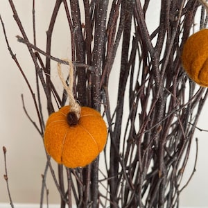 May include: A round, orange felt pumpkin ornament with a dark brown stem and a natural jute twine loop for hanging. The pumpkin features stitched vertical segments and is suspended from a cluster of dark brown, leafless decorative branches.