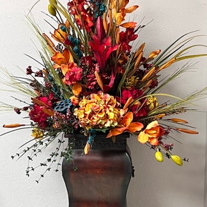 Luxurious silk floral centerpiece arrangement, Large Floral Arrangement Red and Gold and Turquoise.