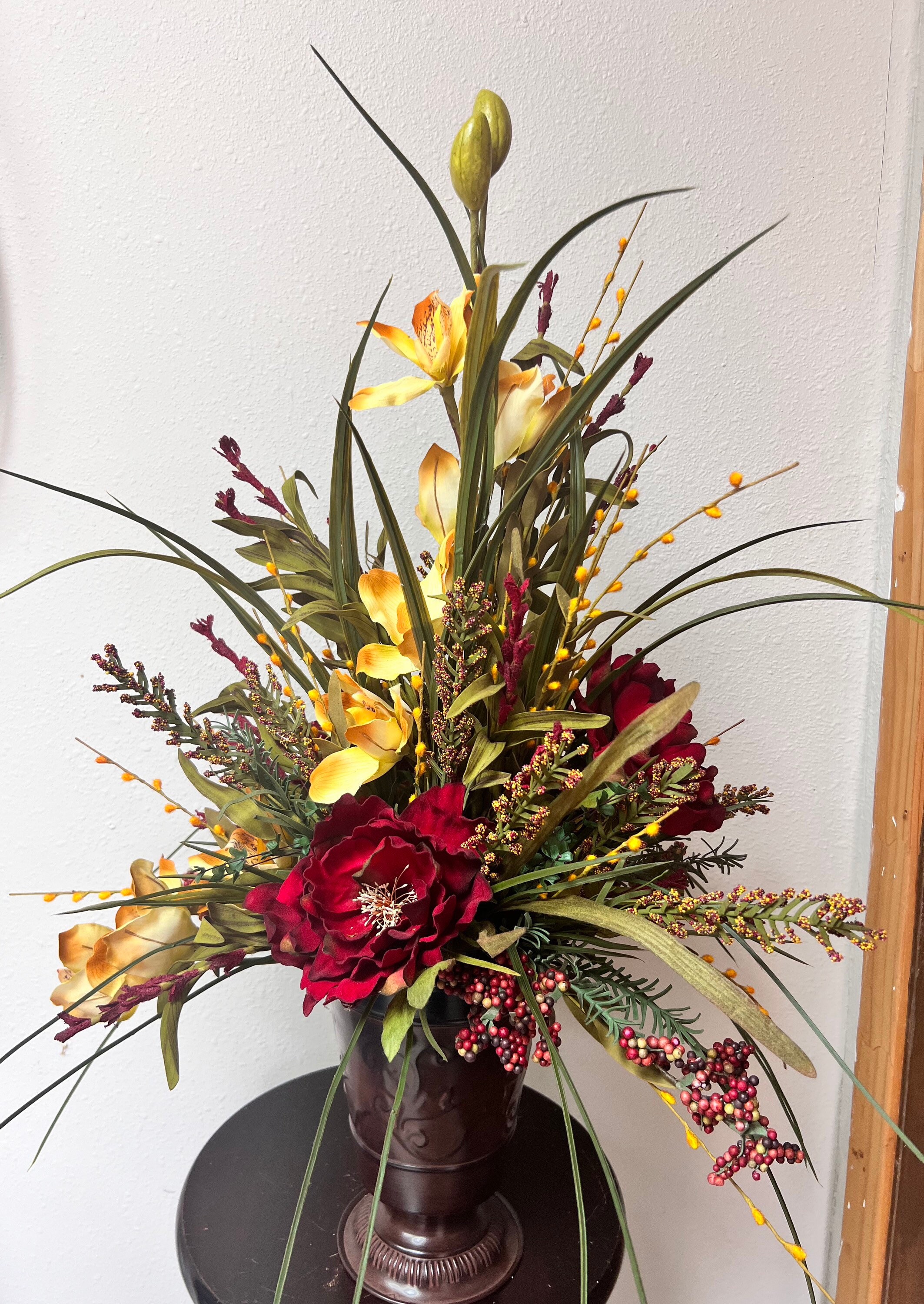 Red/gold Floral Arrangement Centerpiece Floral Arrangement Etsy