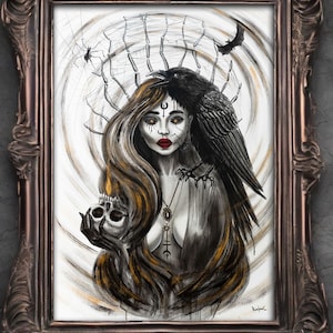 May include: A framed gothic art print featuring a woman with long brown hair, holding a skull, and a raven perched on her shoulder. The artwork has a dark, mystical theme with spiderweb and bat details, set in a decorative brown frame.