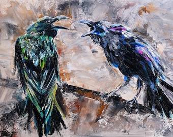 Ravens of Odin - Canvas Art Print, Oil Painting Black Raven, Mystical Crow, Large Viking Wall Art, Magic Bird home decor, Wiccan Abstract