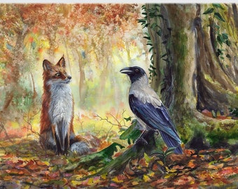 Fox & Crow, Watercolor - Canvas Fine Art Print, Handmade Painting Autumn Forest Landscape Red Foxy Grey Bird Tree Roots Moss Nature Fall Art