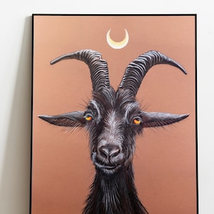 Disegno a pastello di capra nera - Stampa artistica su tela e carta, dipinto di testa di bighorn lunare, decorazioni per la casa, corna di strega, Philip, pecora, animale, arte murale