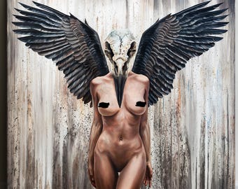 Black Wings Goddess Oil Painting - Canvas Fine Art Print, Morrigan Witchy Raven Skull Strong Goth Woman, Celtic Norse Beautiful Female Body