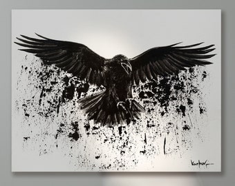 Black Raven Flying Painting - Canvas & Paper Art Print, Mystical Crow Wings, Extra Large Wall Art, Magic Bird, Wiccan wall art