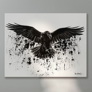 Dipinto di corvo nero volante - Stampa artistica su tela e carta, Ali di corvo mistiche, Arte murale extra large, Uccello magico, Arte murale wiccan
