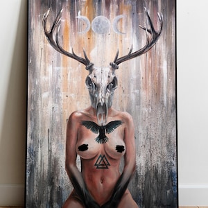 Goddess Witch Fine Art Print, Oil Artwork Canvas, Deer horned skull, Norse Raven Valknut Triple Moon, Celtic Wiccan Woman, Valhalla wall Art