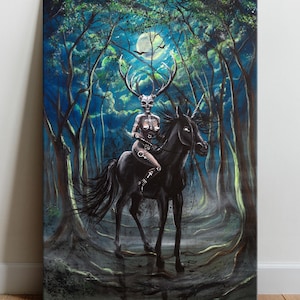 Forest Guardian Painting - Canvas fine art print, Hand painted dark fantasy woman goddess giclee, Wiccan Moon black unicorn deer horns skull