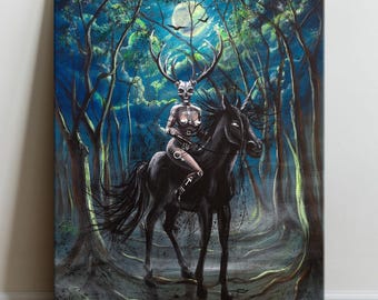 Forest Guardian Painting - Canvas fine art print, Hand painted dark fantasy woman goddess giclee, Wiccan Moon black unicorn deer horns skull