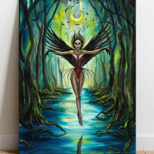 Nyx, Queen of the Night – canvas & paper fine art print, dark fantasy goddess, moon witch with ravens, mystical gothic forest wall decor