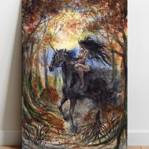 Forest Guardian, Autumn - Canvas fine art print, Hand painted pagan dark fantasy woman goddess, Wiccan Moon black unicorn spirit giclee