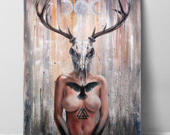 Horned Goddess Oil Painting - Canvas Fine Art Print, Witchy Deer Head Woman, Norse Raven & Valknut Tattoo, Triple moon, Abstract Background