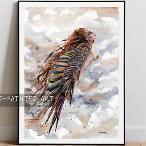 May include: A framed watercolor painting of a woman with long red hair and a colorful wing. The artwork is set against a cloudy sky background. The text "HAND-PAINTED ART BY KARPOV" is visible in the lower left corner.