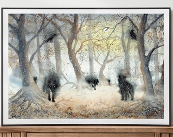 Snow Mystical Forest - Canvas Fine Art Print Watercolor Painting Dark Fantasy Black Wolf Werewolves Raven Gothic Winter Night Moon Landscape