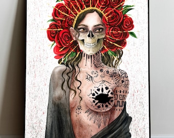 Santa Muerte Painting - Canvas Art Print, Watercolor Mexican Pagan Goddess Lady Holy Death Female Altar Cult Black Red White Gold Art Decor
