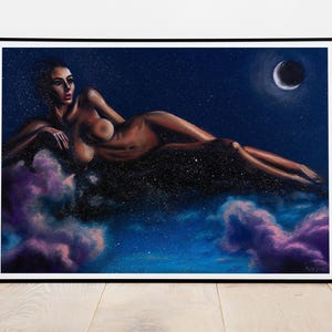Beautiful woman in clouds - canvas & paper fine art print, Giclee from hand painted oil pastels artwork.