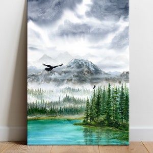 Hugin & Munin, Bergsee - Leinwand Kunstdruck, Landschaft Raben von Odin, Handgemacht Aquarell Krähen, nordische mystische Wanddekoration