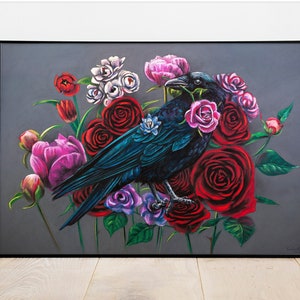 Rabe in Blumen Gemälde - Leinwand und Papier Fine Art Print, Giclee von handgemalter Ölpastell Malerei