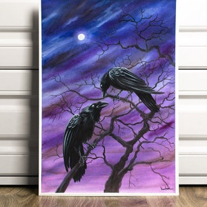 Original A3 Watercolor - Hugin & Munin, Night Moon, Handmade Painting Black Ravens of Odin Mystical Crow Norse Fine Art Home Office Wall Art