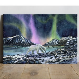 Eisbär Nordlichter - Druck Aurora Gebirge See Handmade Aquarell Gemälde Winter Weiss Eis Landschaft home decor Wand Kunst