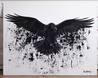 Original Painting - Spirit of Raven Flying, Handmade canvas, Abstract Gothic black & white oil fine art Mystical Odin bird office wall decor