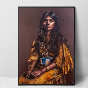 Ritratto di ragazza indiana americana - Stampa artistica su tela, Pittura a pastello della figlia principale, Decorazione per la casa con disegno d'arte occidentale, Storia nativa degli Stati Uniti